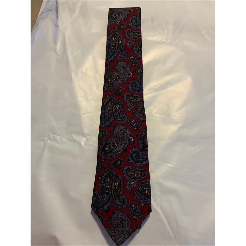 Men's Burgundy Paisley Silk-Feel Tie with Navy and Gold Accents